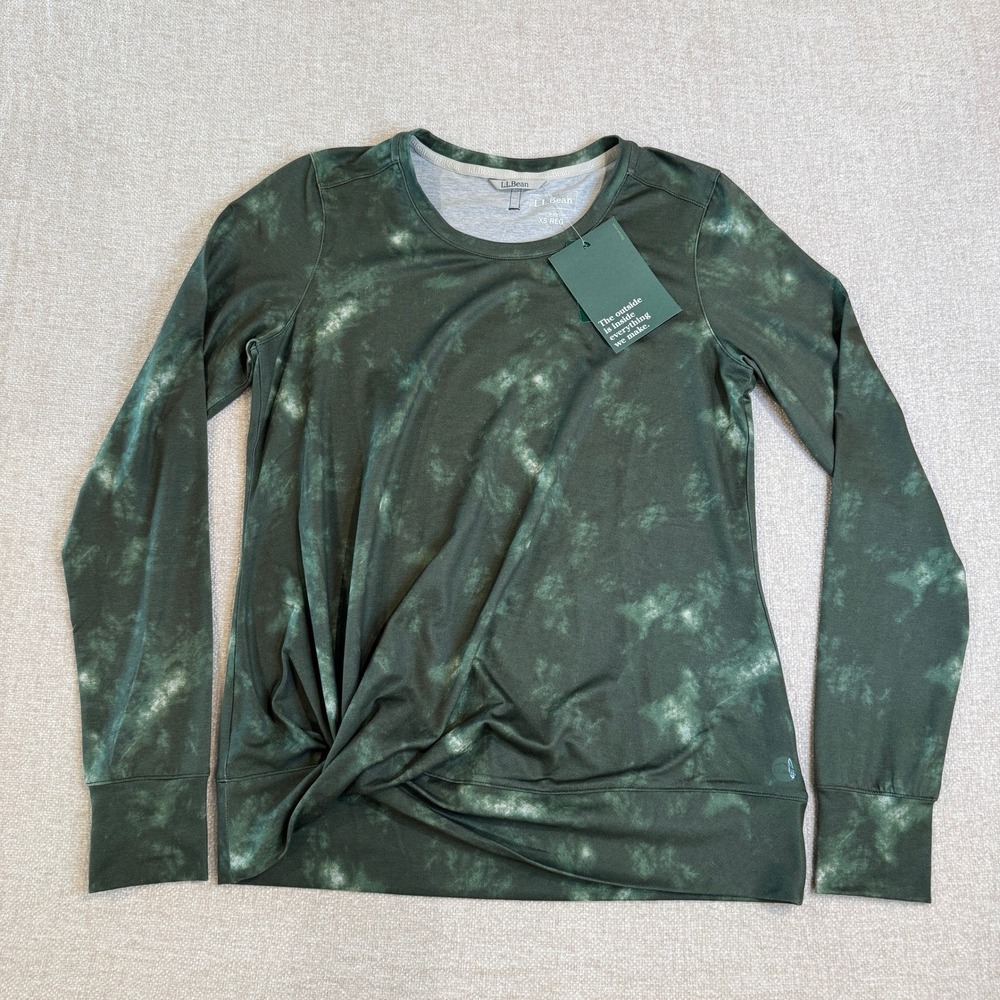 LL Bean VentureSoft Twist Front Long Sleeve Shirt Sea Green Camo XS NWT 519511
